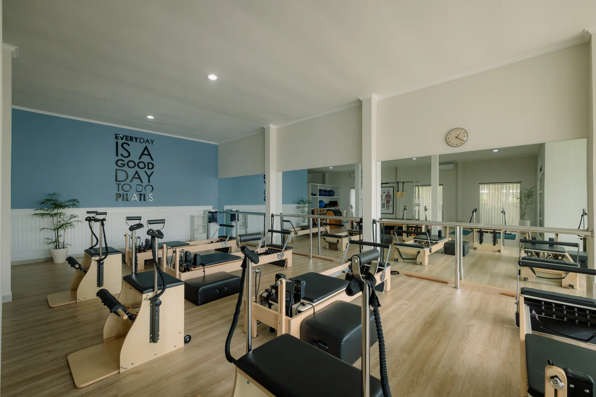 Sunset Pilates Legian studio training room equipped with reformers